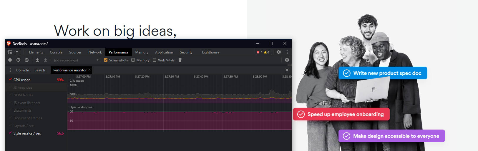 Devtools Performance Monitor The Devtools "Performance Monitor" on Asana's landingpage